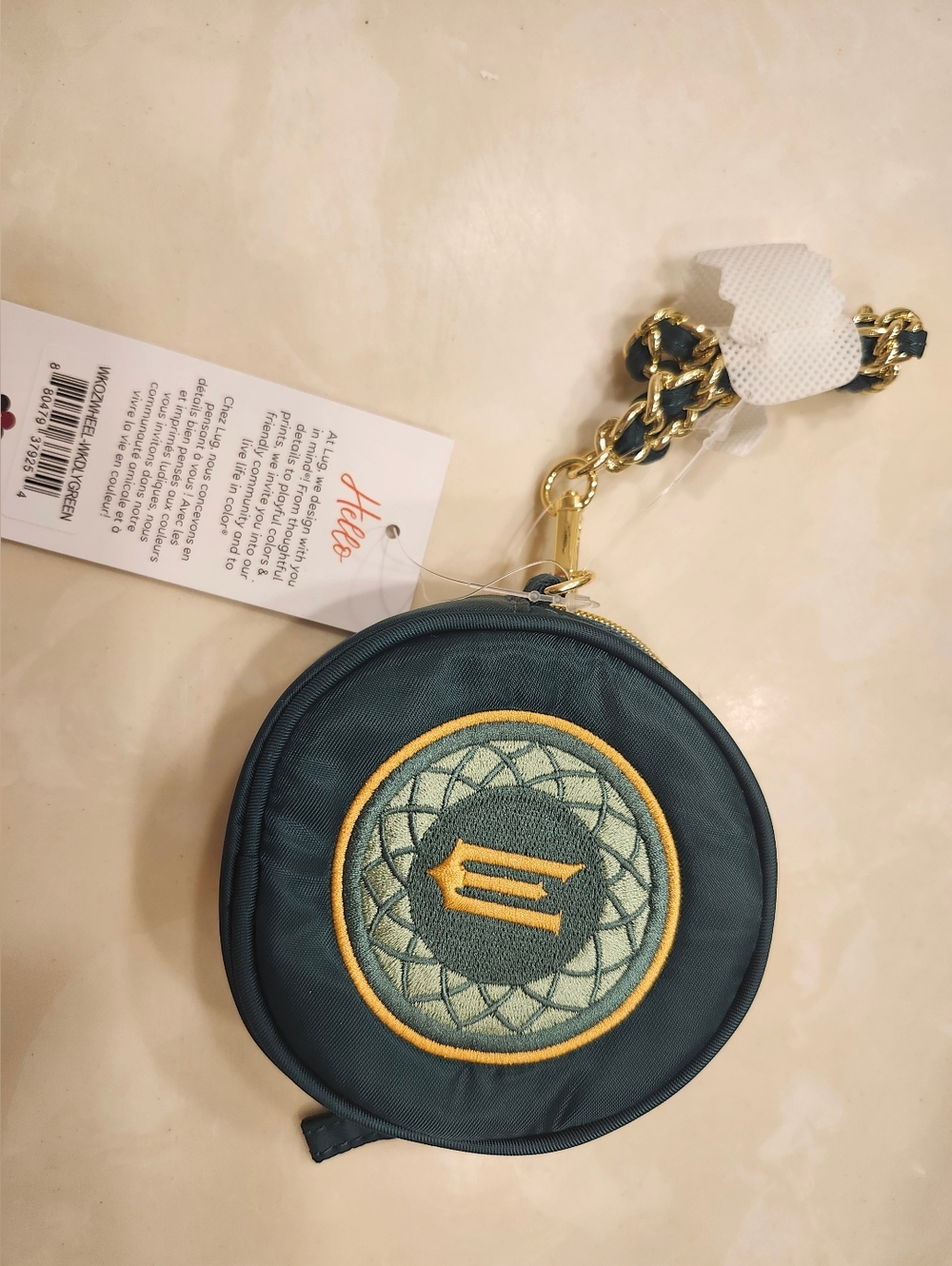 NWT Wicked x Lug Quilted Round Coin Pouch with Gold Chain In Elphaba green